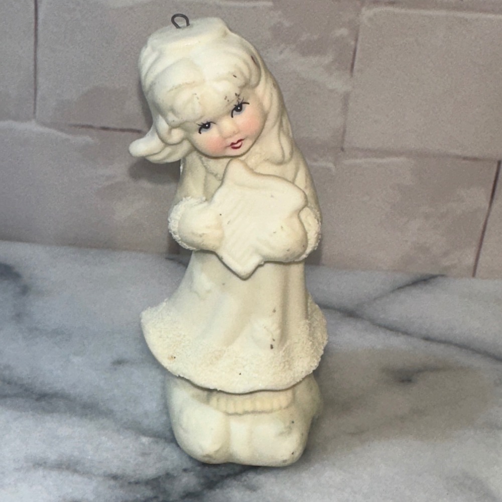 Vintage Ceramic Angel Girl Figurine Harp Christmas Ornament White Textured 4in